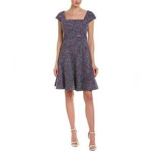 Rebecca Taylor Tweed Fit & Flare Cap Sleeve Knee Length Dress Blue 12